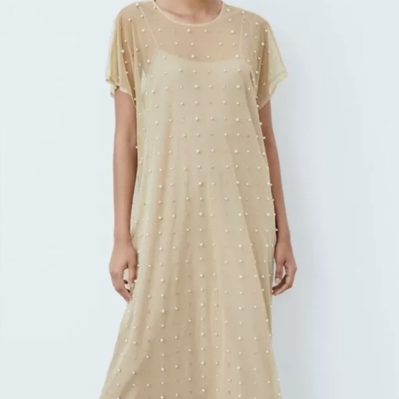 NWT ZARA Nude dress with pearls - Picture 2 of 8